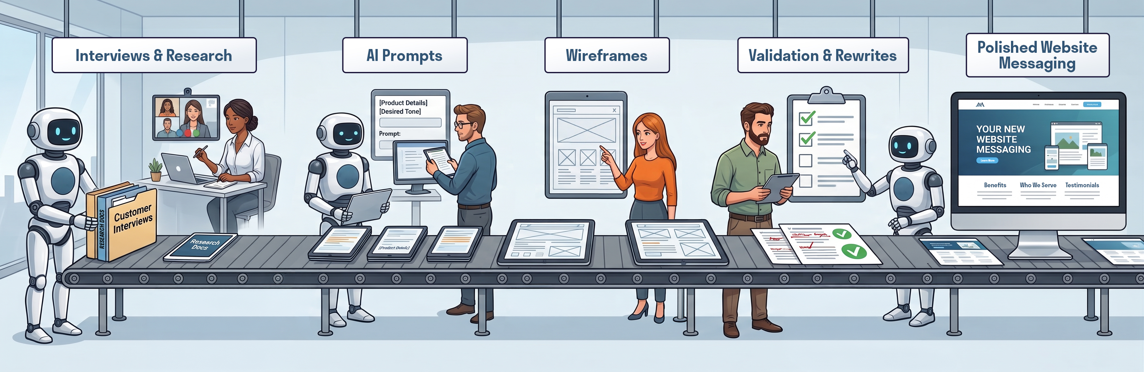A messaging workflow illustration depicting interviews, AI prompts, wireframes, validation, and polished messaging